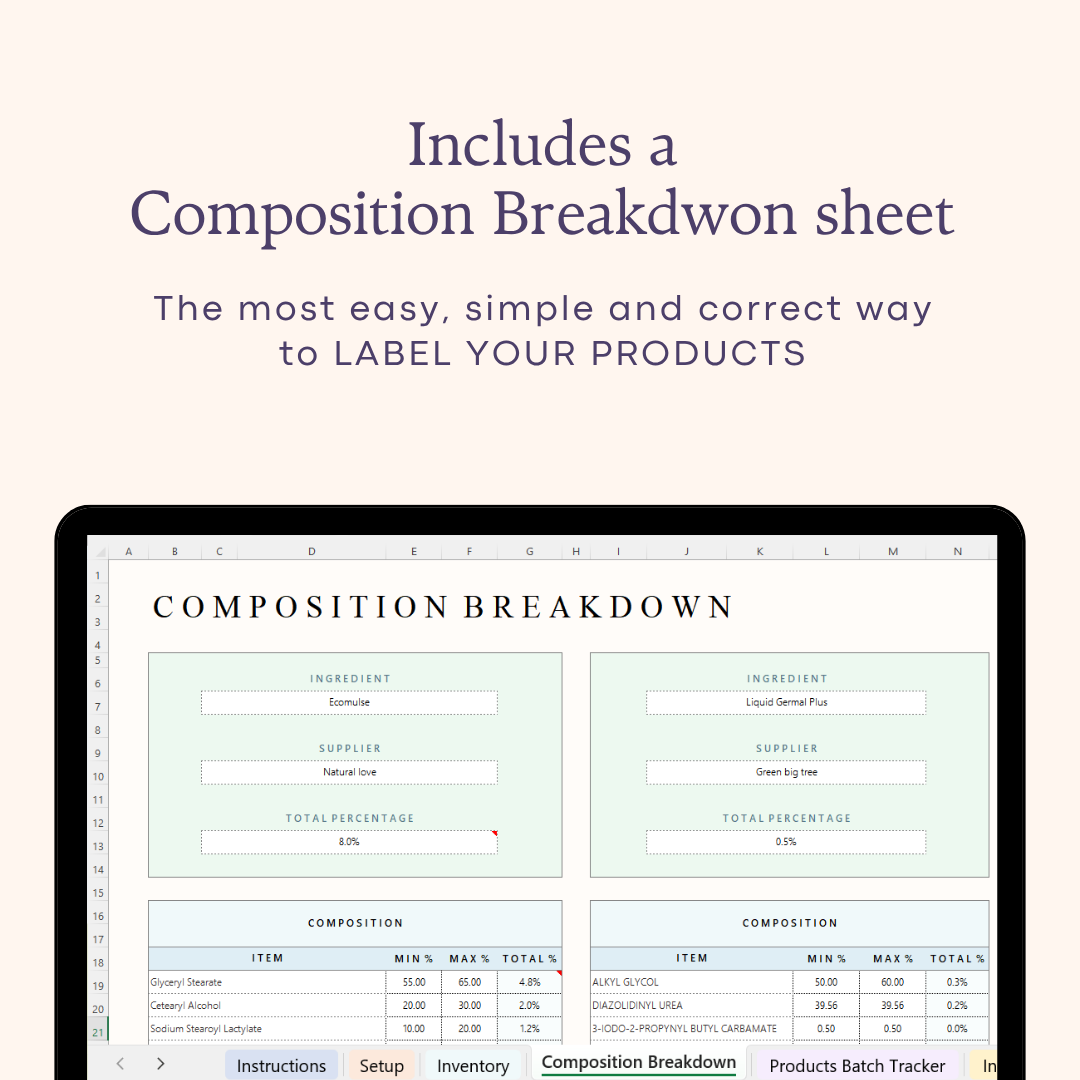 Skincare Formulation Excel Template – Cosmetic Recipe & Ingredient Inventory Planner