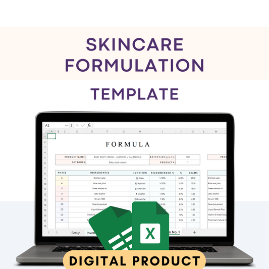 Skincare Formulation Excel Template – Cosmetic Recipe & Ingredient Inventory Planner