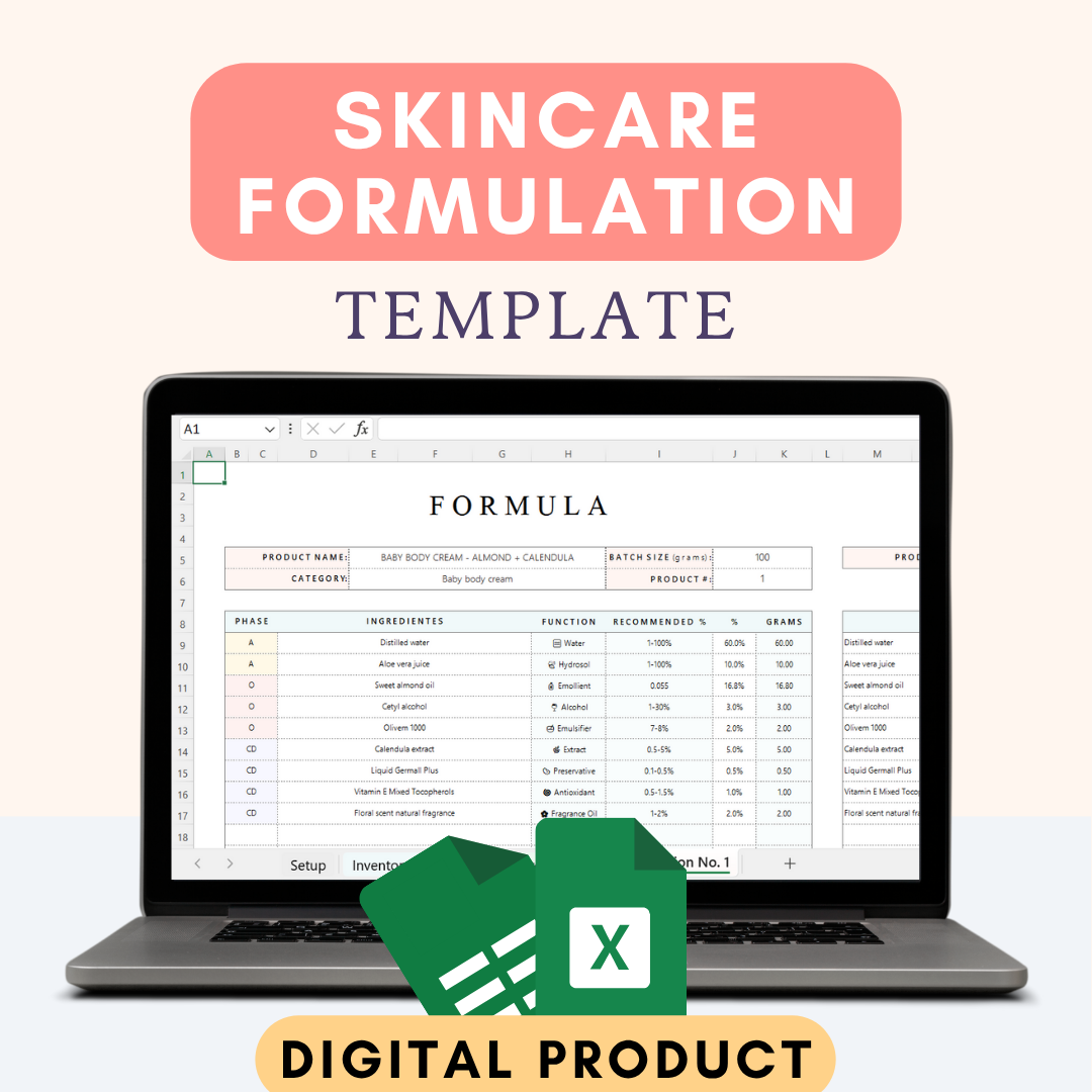 Skincare Formulation Excel Template – Cosmetic Recipe & Ingredient Inventory Planner