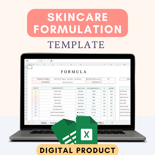 Skincare Formulation Excel Template – Cosmetic Recipe & Ingredient Inventory Planner